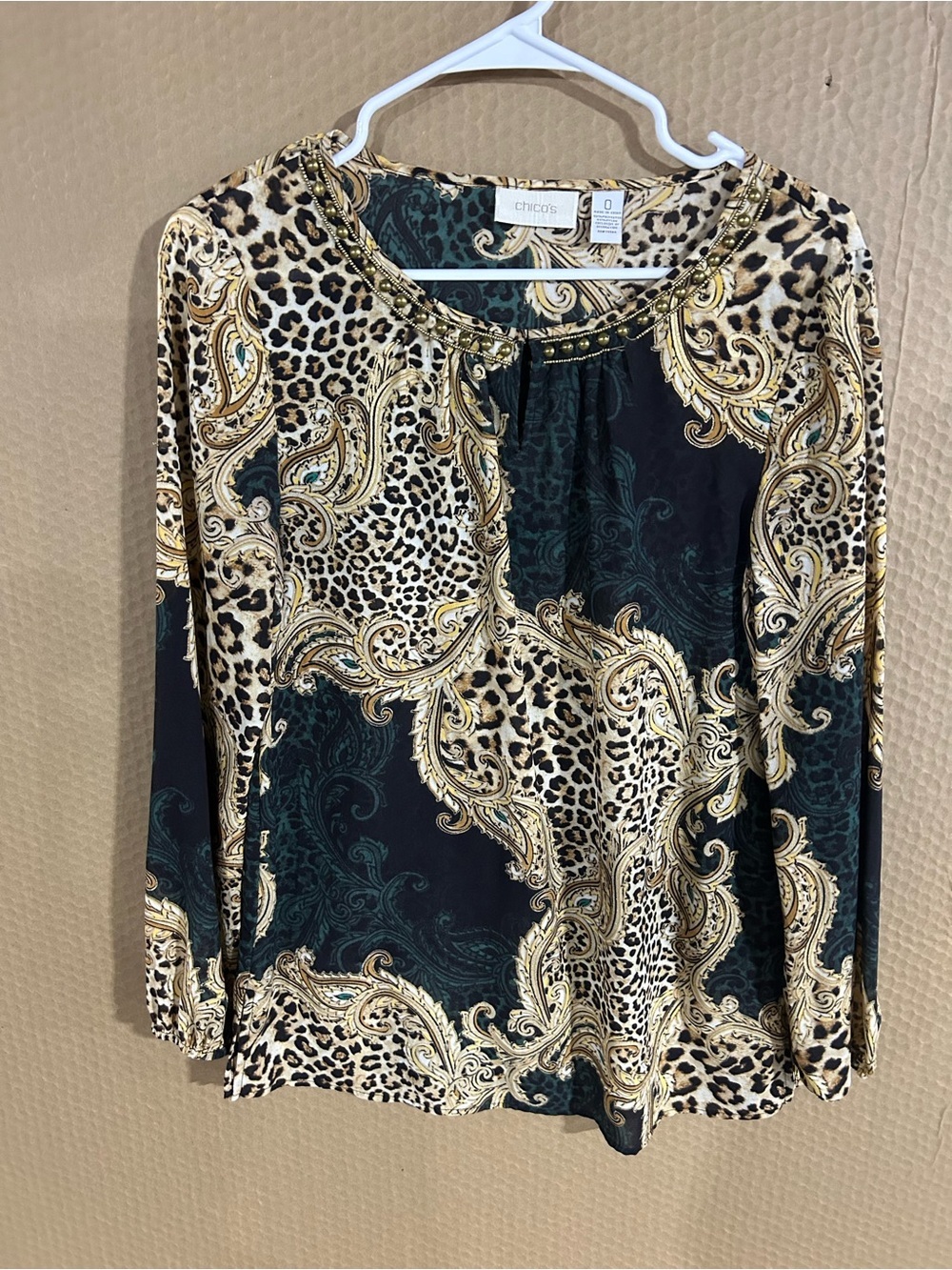 Chico's Black, Green & Leopard Baroque Embellished Long Sleeve Top